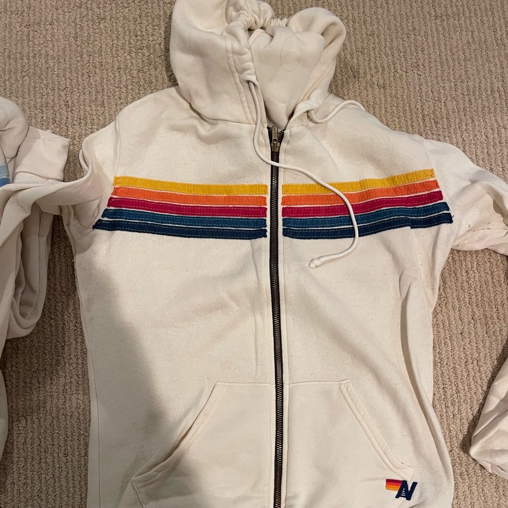 Aviator Nation creamWhite Hoodie with Multicolor Stripes - washed